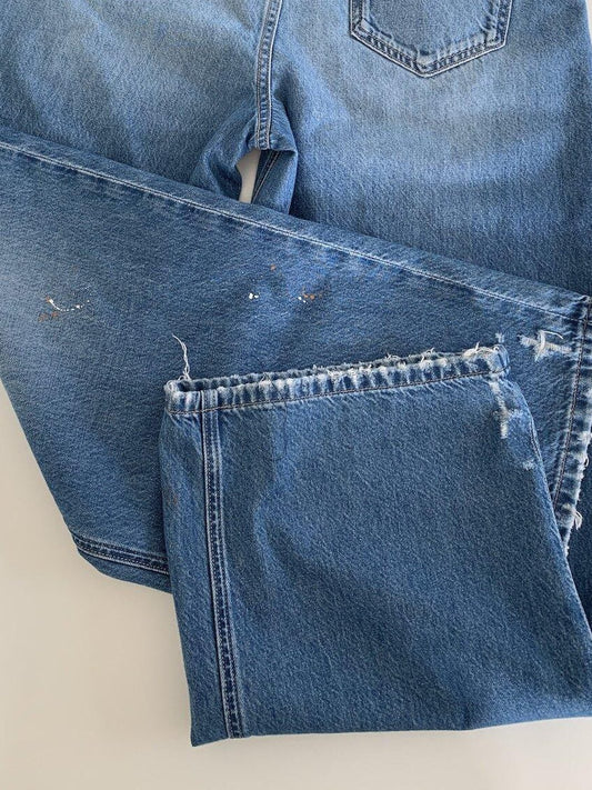 Miroment Durable Painted High Waist Wide Leg Loose Fit Zipper Cotton Denim Jeans