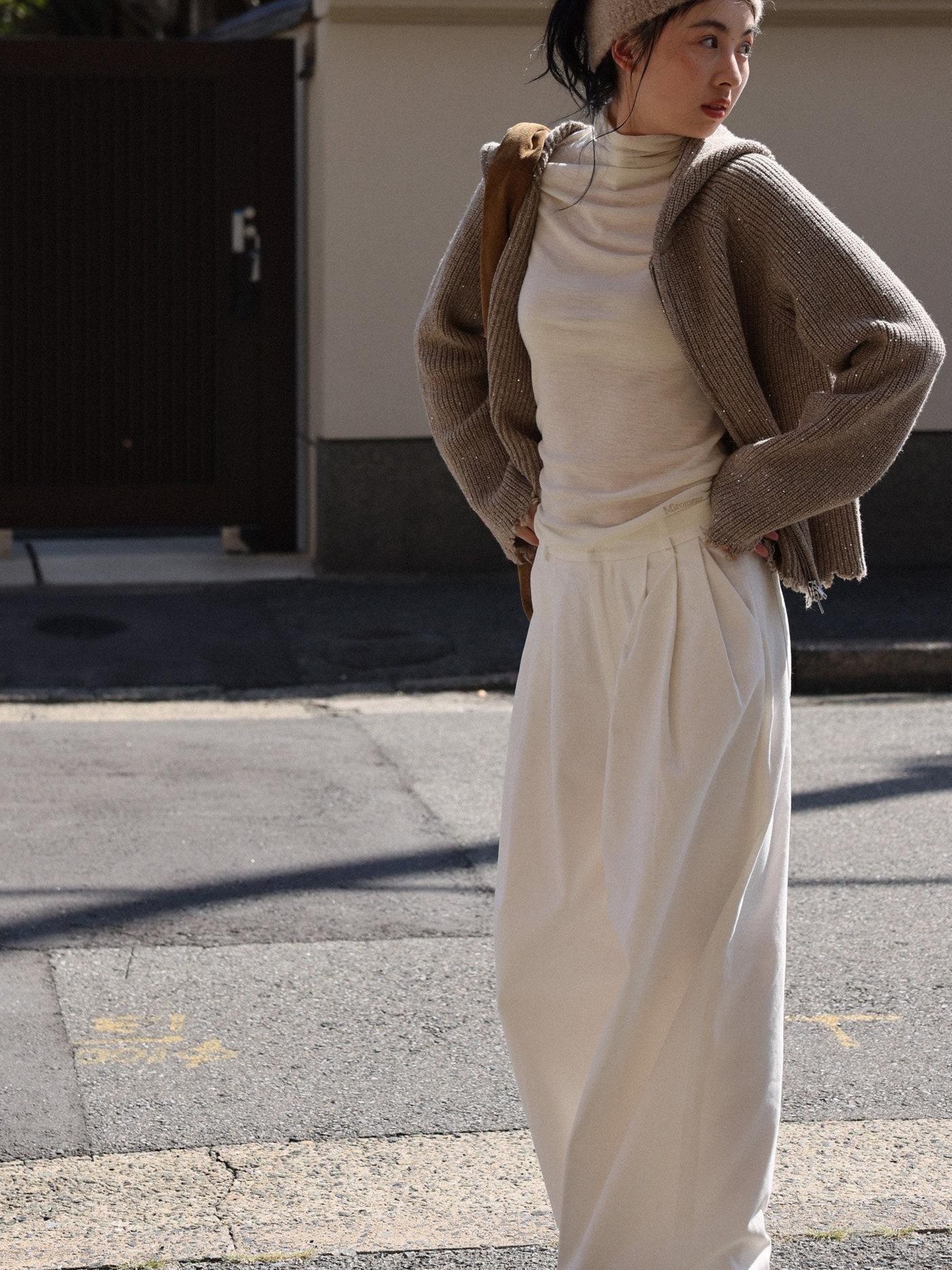 Miroment High Waist Straight Leg Regular And Long Versatile White Angora Red Casual Pants