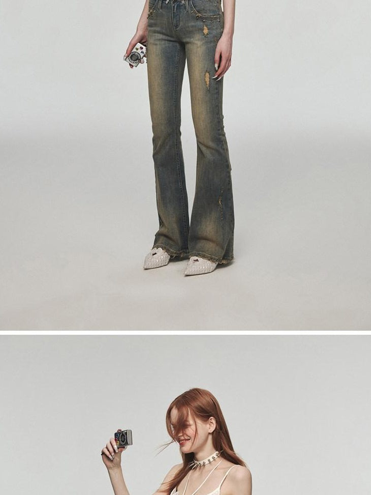 1JINN STUDIO Vintage Distressed Low Rise Slight Flare Blue Women Stretch Straight Leg Jeans
