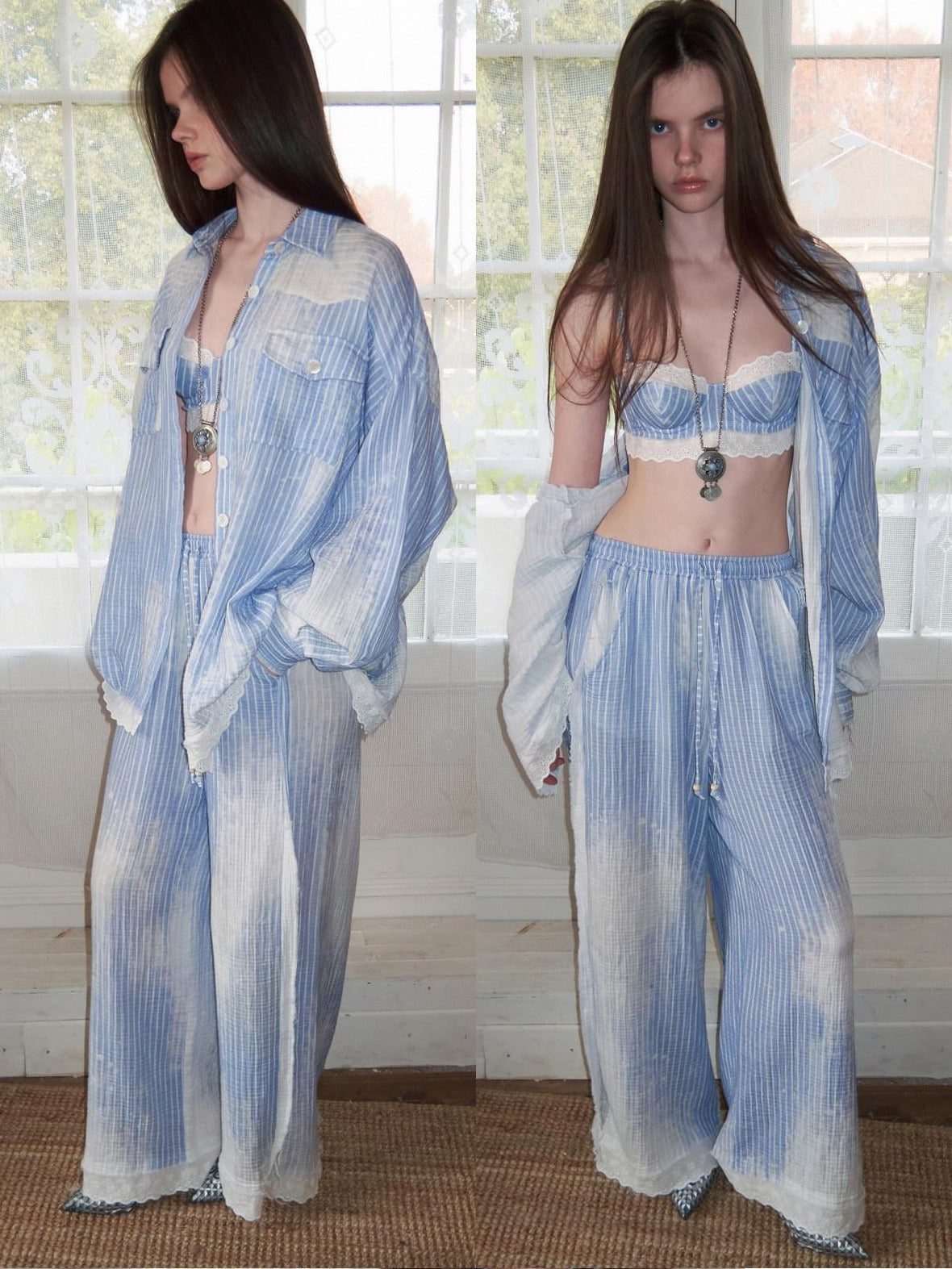 1JINN STUDIO Striped Lace Cotton Three Piece Straight Fit Female Shirt Style Tube Tops