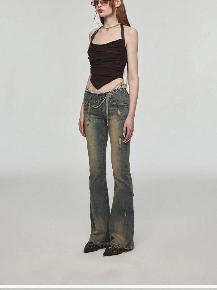 1JINN STUDIO Vintage Distressed Low Rise Slight Flare Blue Women Stretch Straight Leg Jeans