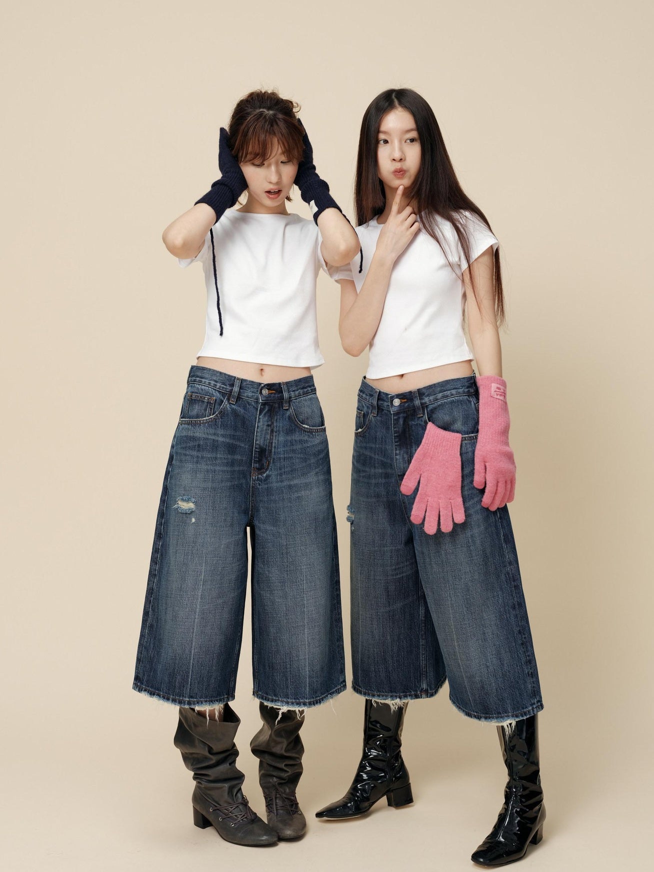 Miroment High Waist Button Fly Minimal Straight Ripped Women Cotton Cropped Jeans