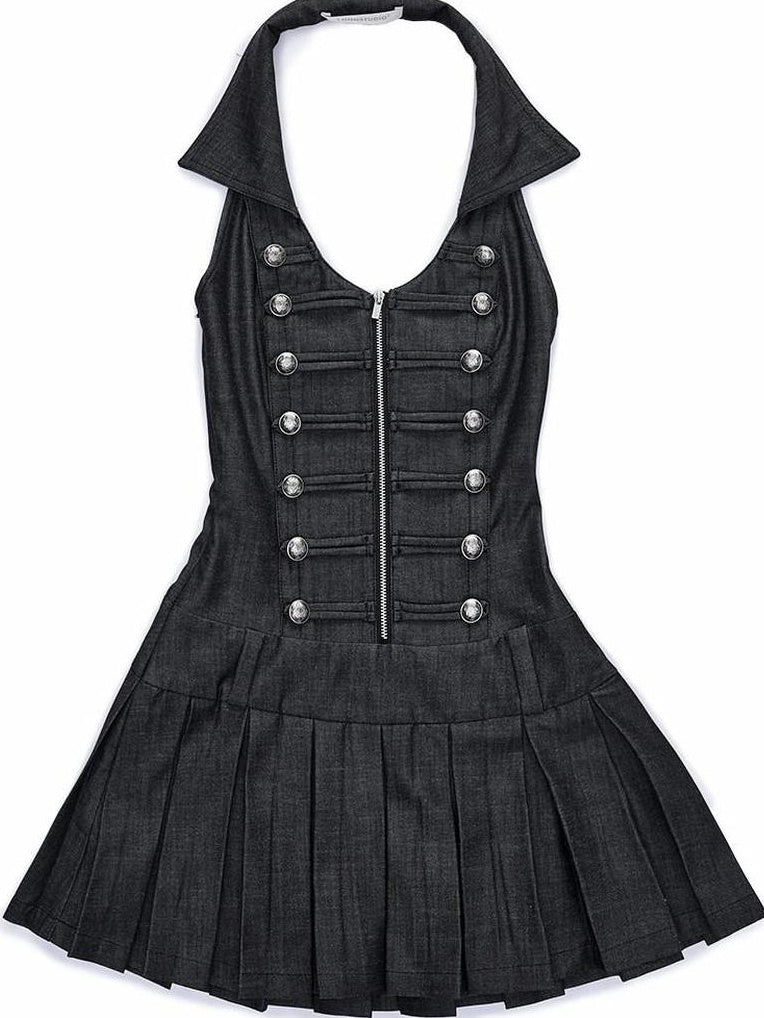 1JINN STUDIO Slim Regal Pleated Double Breasted Collar Sleeveless Casual Women Mini Dresses