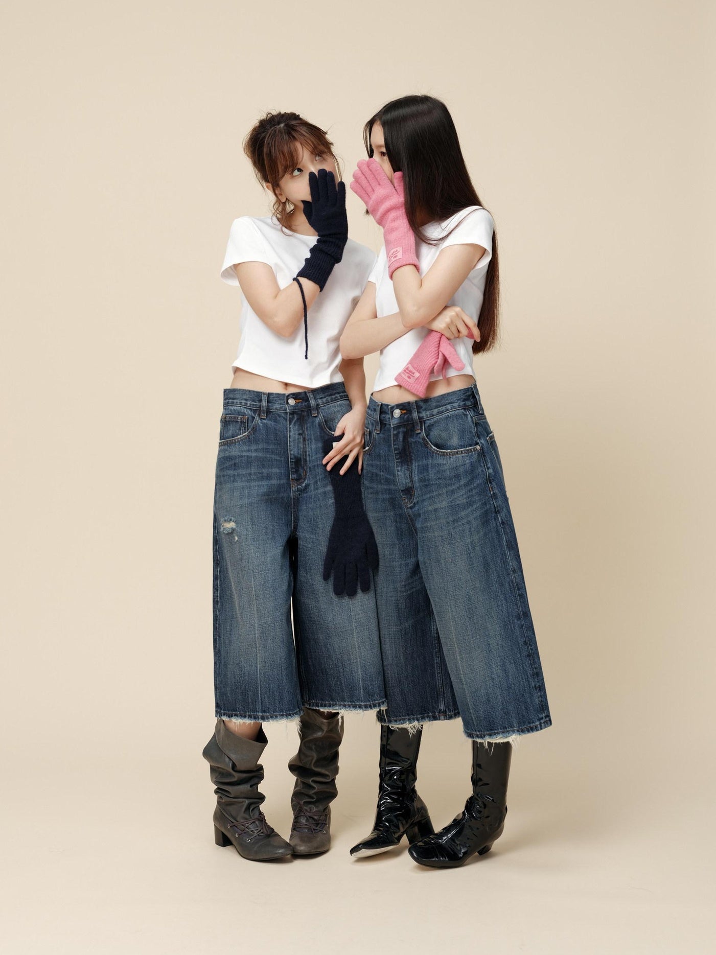 Miroment High Waist Button Fly Minimal Straight Ripped Women Cotton Cropped Jeans