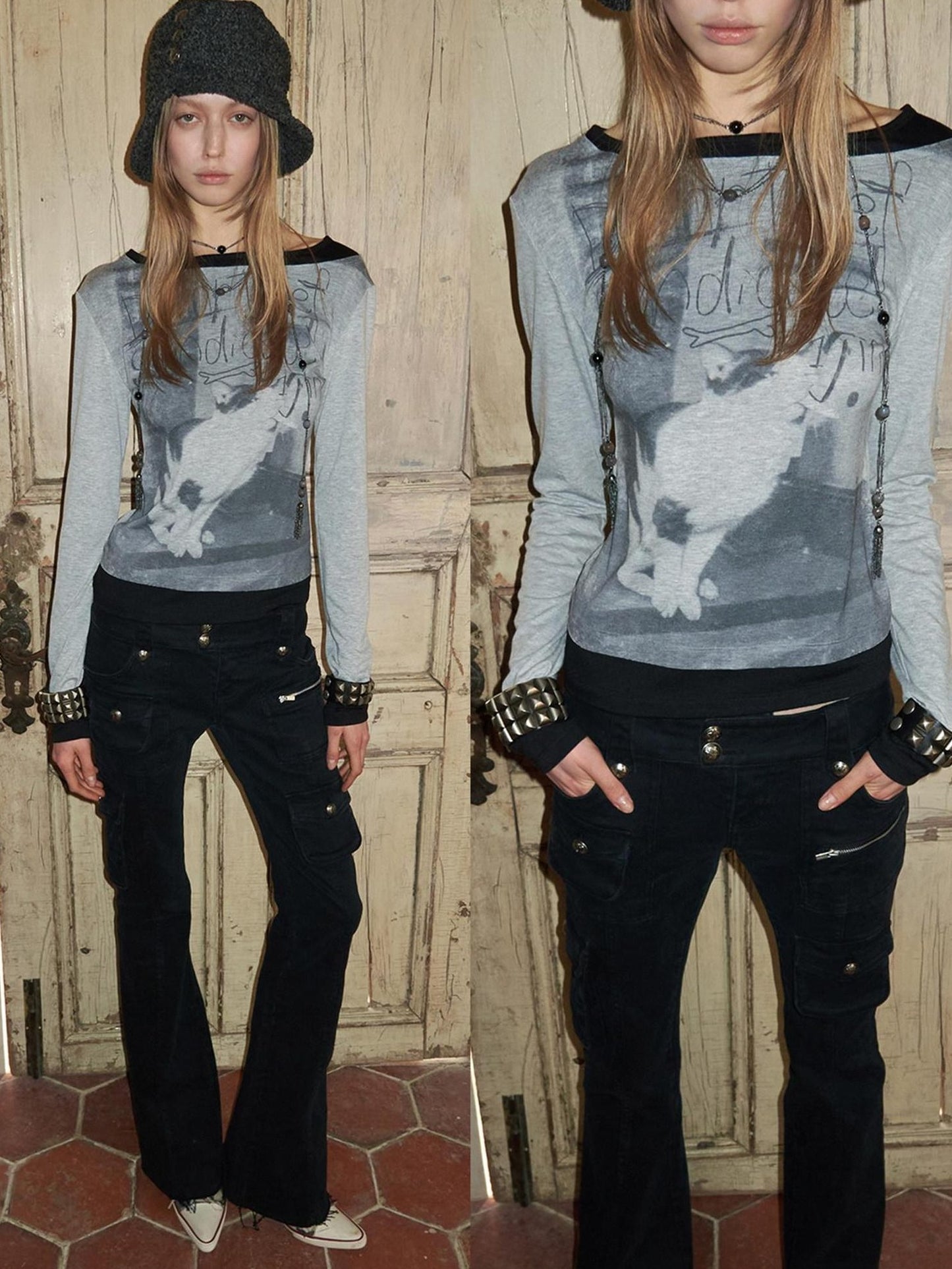 1JINN STUDIO Soft Stretch Knit British Slim Fit Boat Neck Letter Print Long Sleeve T-Shirts