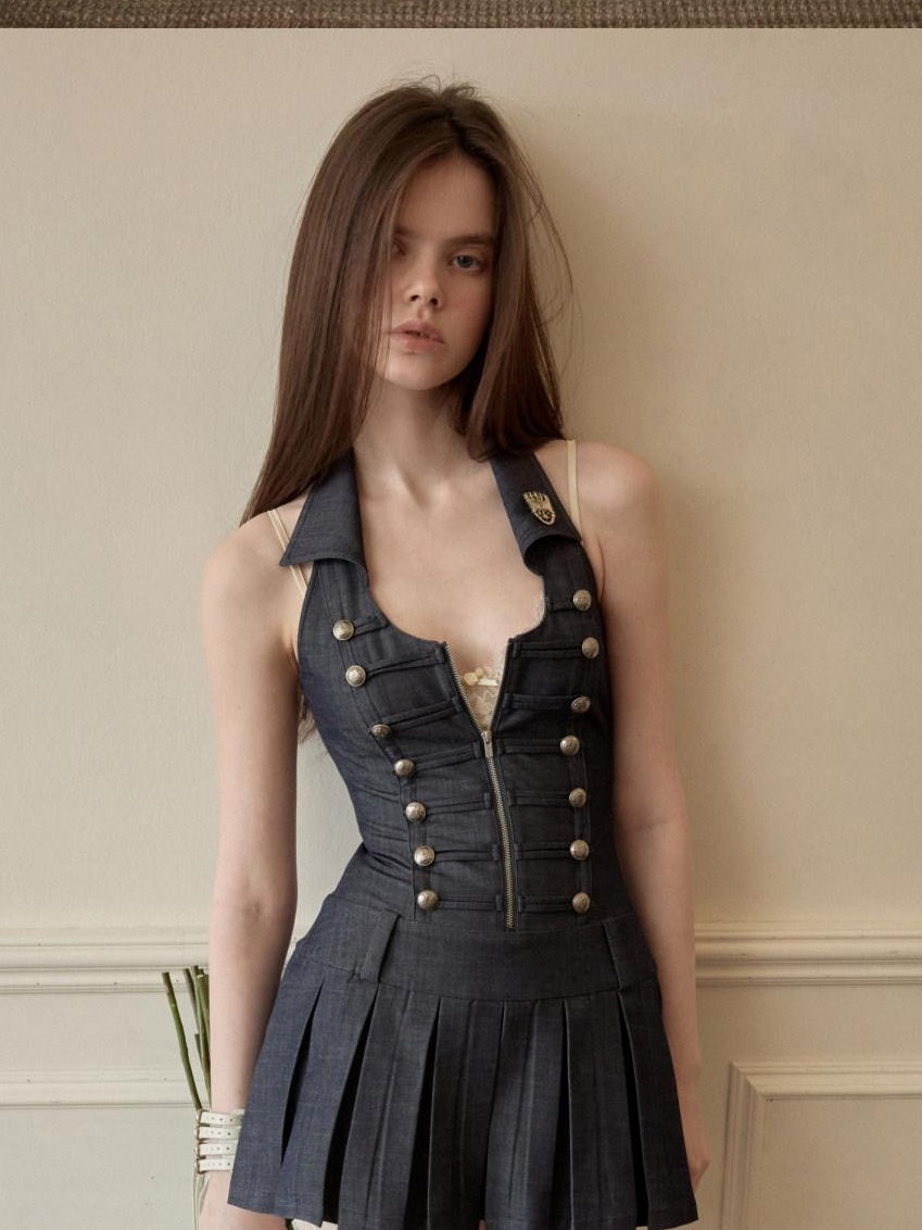 1JINN STUDIO Slim Regal Pleated Double Breasted Collar Sleeveless Casual Women Mini Dresses