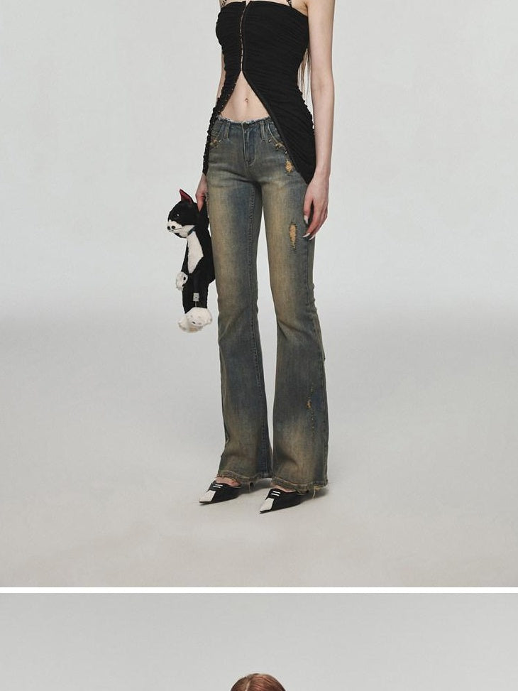 1JINN STUDIO Vintage Distressed Low Rise Slight Flare Blue Women Stretch Straight Leg Jeans