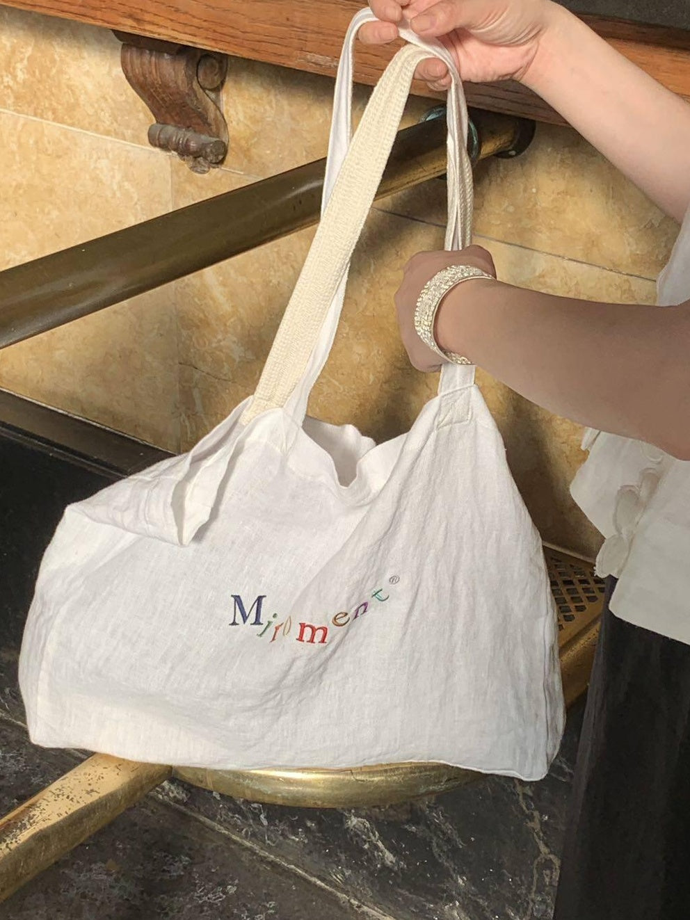 Miroment Colorblock Linen Small Square Shoulder Lightweight Casual Canvas Tote Bag