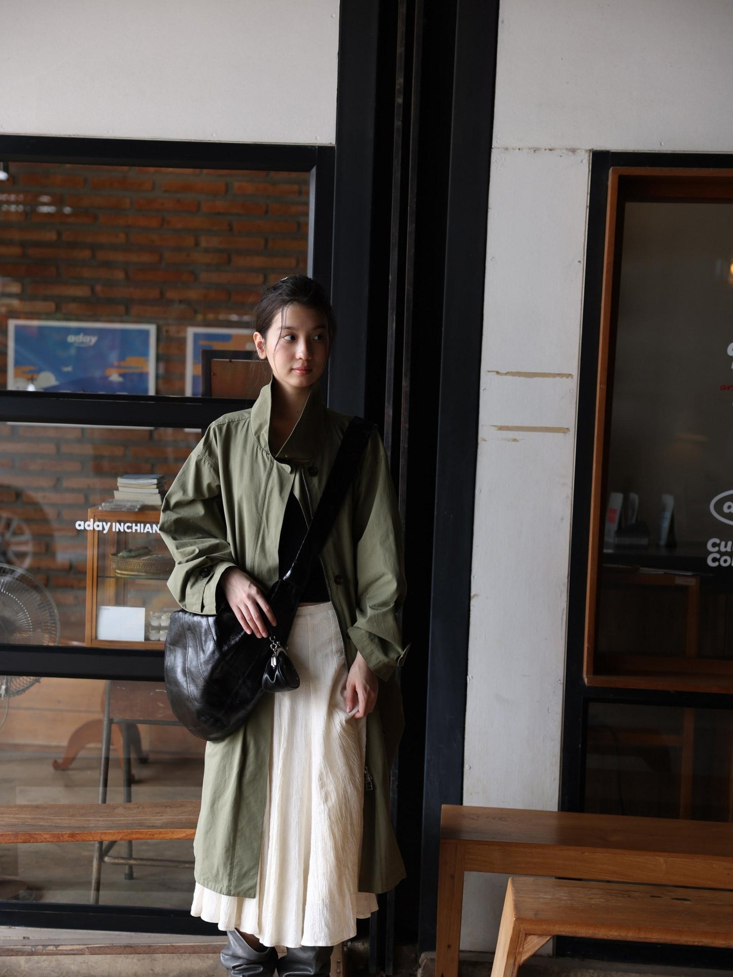 Miroment Lightweight Cotton Lyocell Loose Stand Collar Midlength Women Long Trench Coat