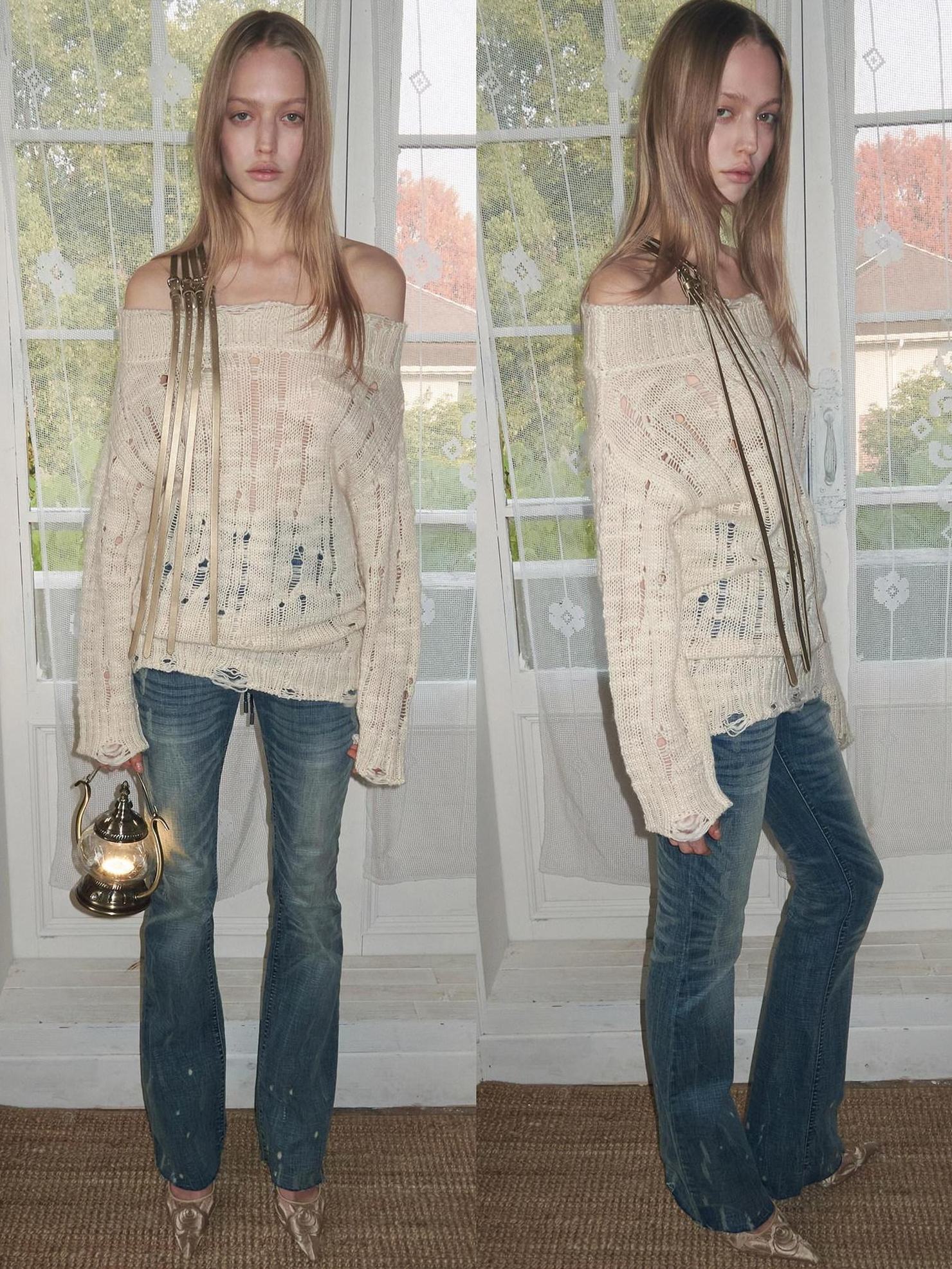 1JINN STUDIO Cozy Off Shoulder Loose Knit Womens Acrylic Wool Long Sleeve Sweaters