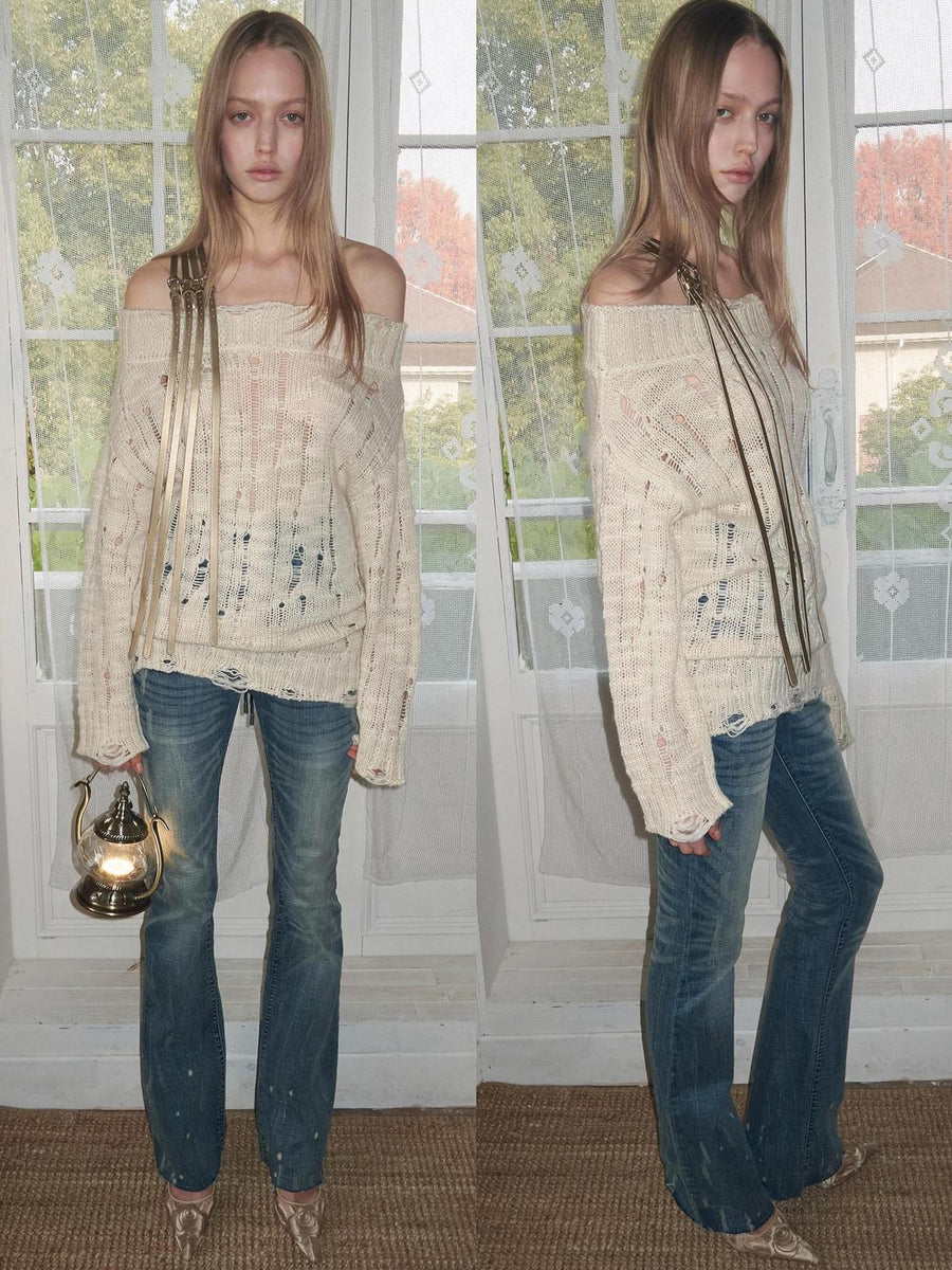 1JINN STUDIO Cozy Off Shoulder Loose Knit Womens Acrylic Wool Long Sleeve Sweaters