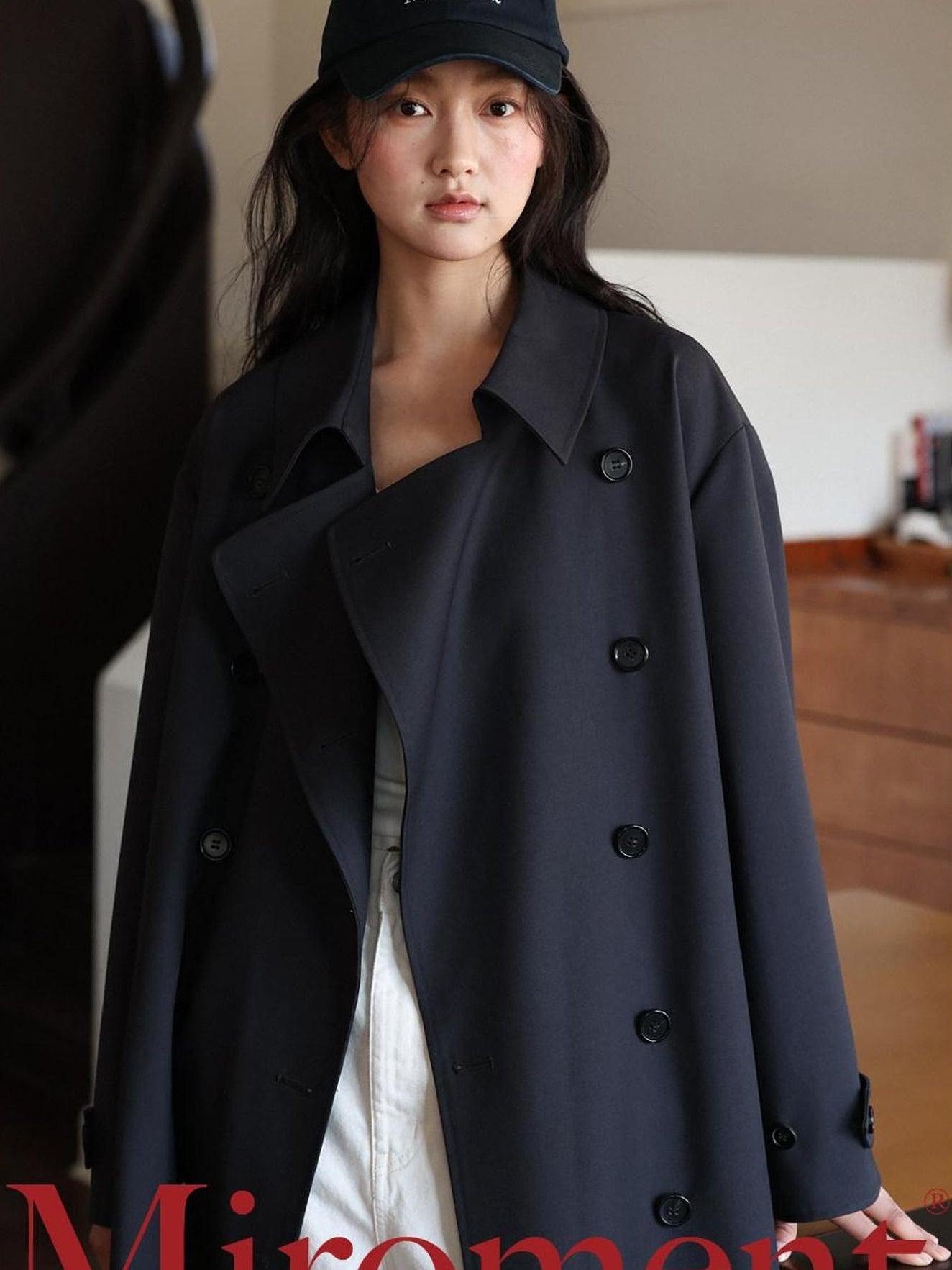 Miroment Elegant Wool Blend Double Breasted Tailored Midi Women Cream Long Trench Coat