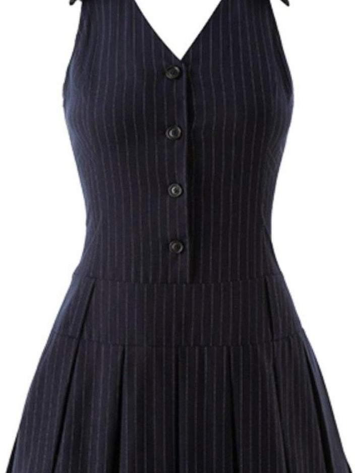1JINN STUDIO Cinched Waist Halter V-neck A Line Office Slim Fit Navy Blue Mini Dresses