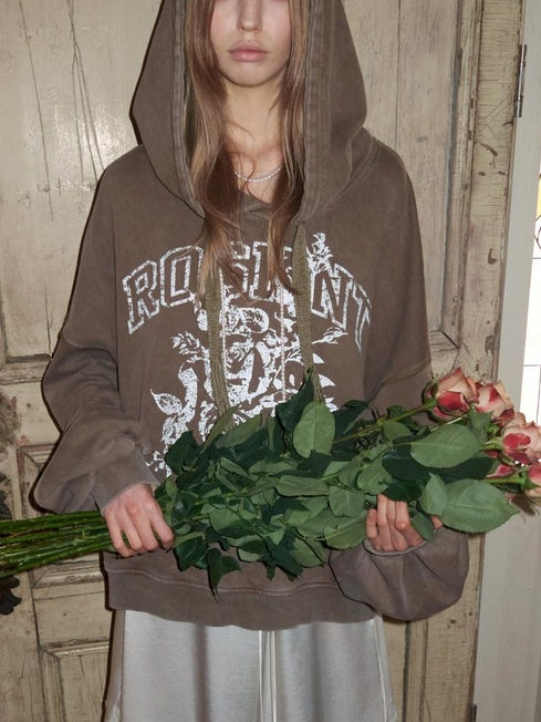 1JINN STUDIO Washed Cotton Rose Print Relaxed Fit Pullover Ruched Sleeves Girls Casual Hoodie