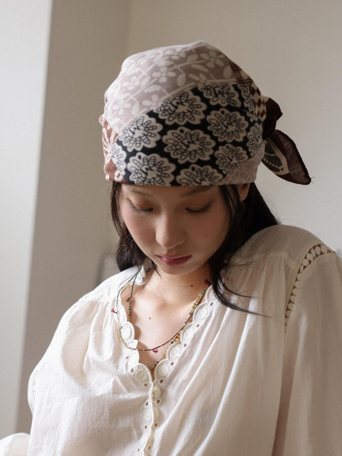 Miroment Lace Polka Dot V-neck Pure Cotton Long Sleeve Chic Ong-Sleeve Top