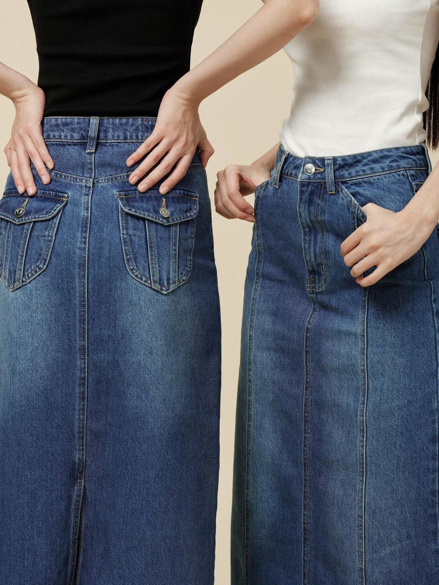 Miroment High Waist Vintage Distressed Fringed H Line Straight Cotton Women Denim Skirt