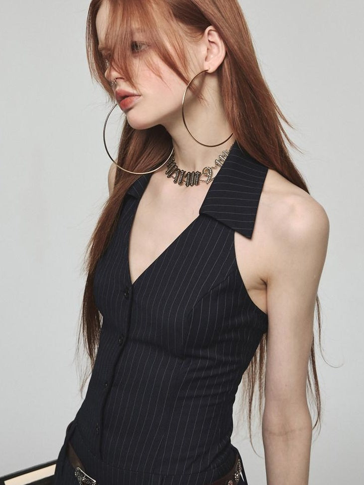 1JINN STUDIO Cinched Waist Halter V-neck A Line Office Slim Fit Navy Blue Mini Dresses