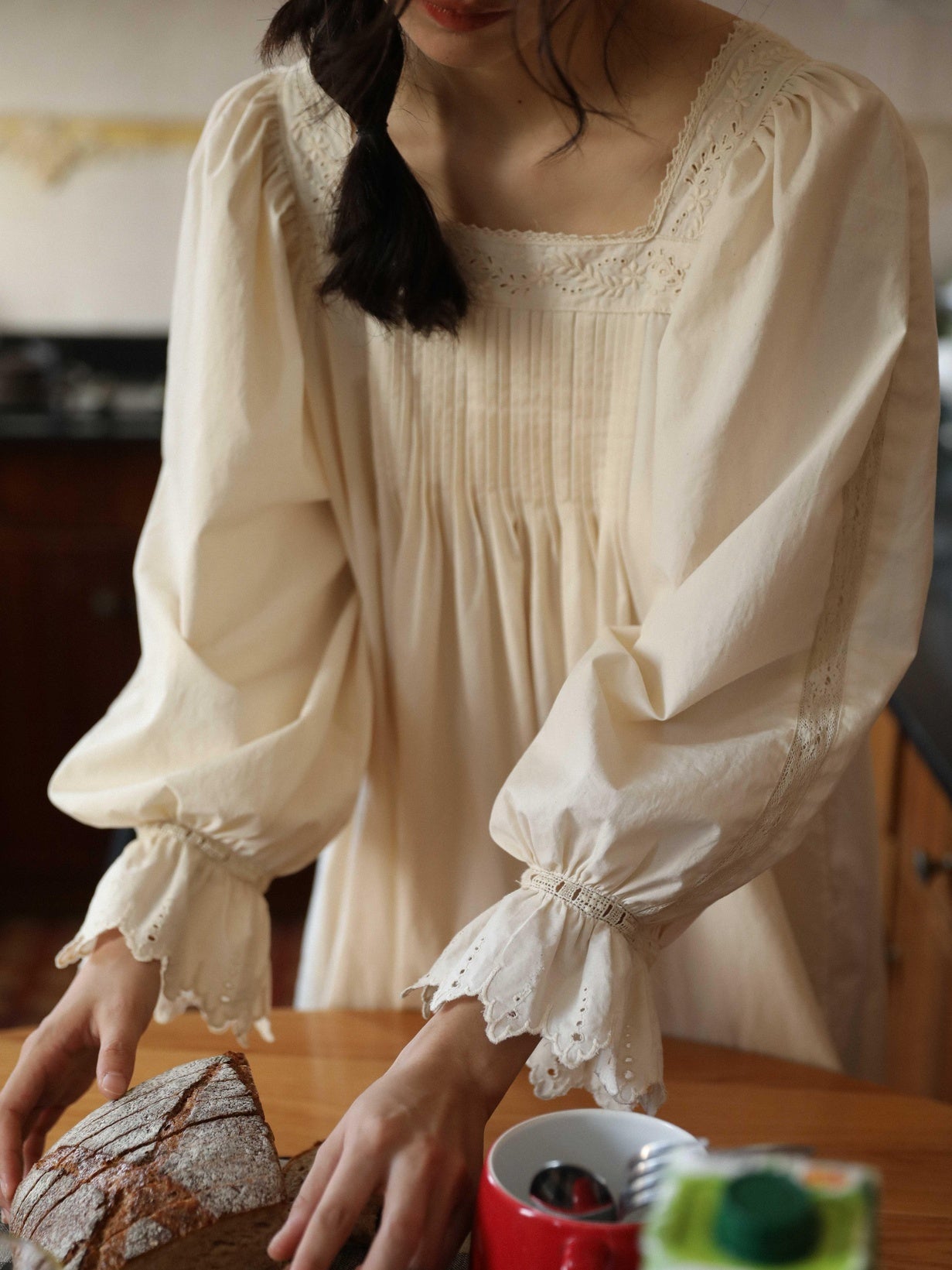 Miroment Organic Cotton Vintage Lace Long Sleeve Japanese Womens Elegant Maxi Dresses