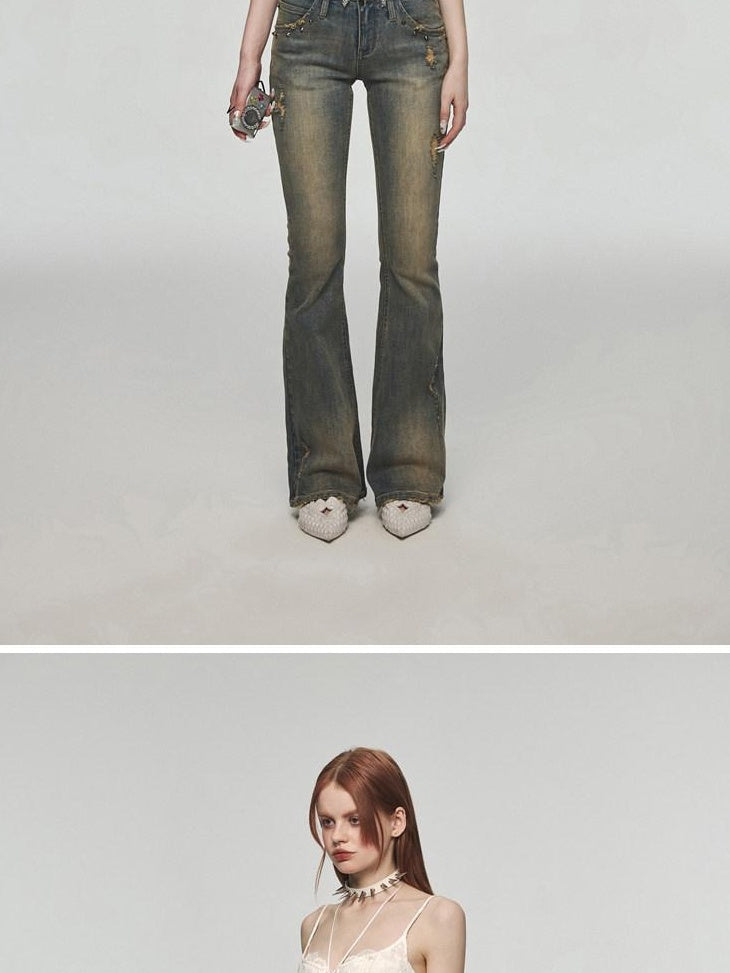 1JINN STUDIO Vintage Distressed Low Rise Slight Flare Blue Women Stretch Straight Leg Jeans