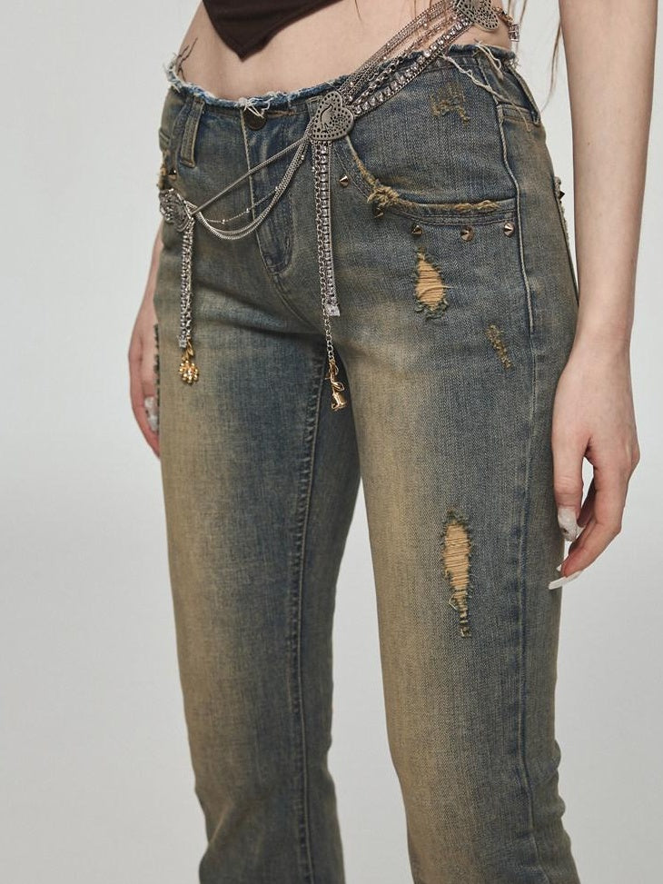 1JINN STUDIO Vintage Distressed Low Rise Slight Flare Blue Women Stretch Straight Leg Jeans