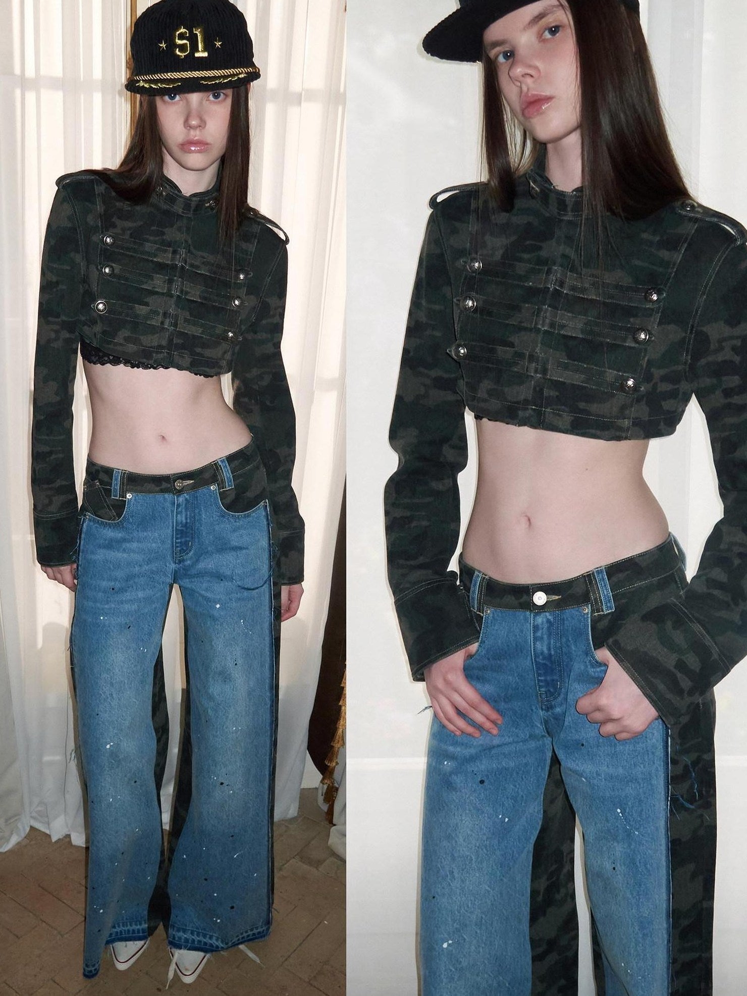 1JINN STUDIO Camo Military Green Double Breasted Cropped Long Sleeve Women Top & Shorts Sets