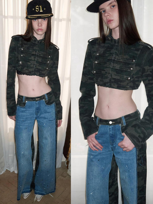 1JINN STUDIO Camo Military Green Double Breasted Cropped Long Sleeve Women Top & Shorts Sets