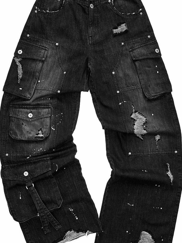 Washed Black Low Rise Cargo Pocket Button Fly Women Straight Leg Jeans