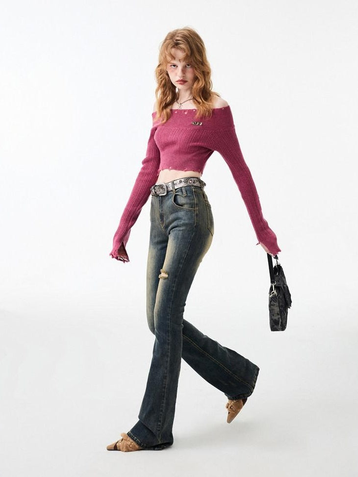 1JINN STUDIO Vintage Faded Thick Denim Slim Natural Waist Women Straight Leg Jeans