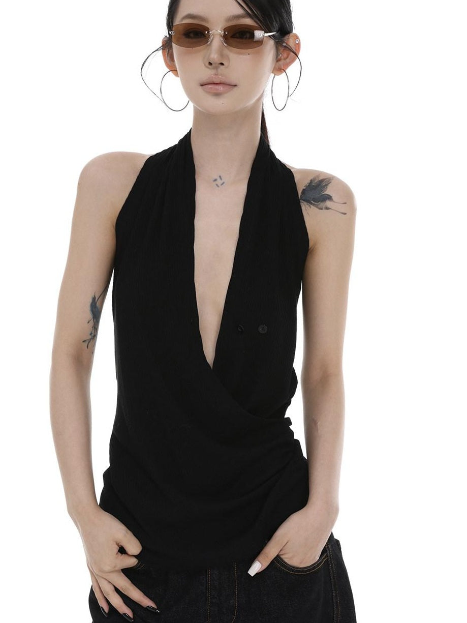 CrushOnit Original Design Patchwork Halter Stretch Cotton Regular Women Black Tank Tops