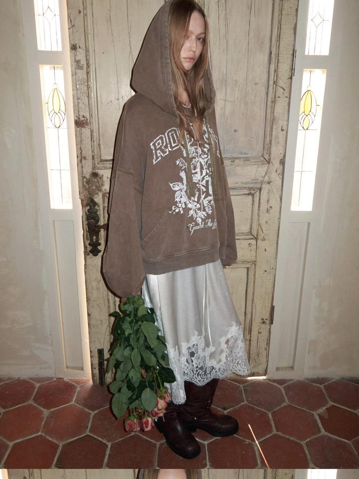 1JINN STUDIO Washed Cotton Rose Print Relaxed Fit Pullover Ruched Sleeves Girls Casual Hoodie