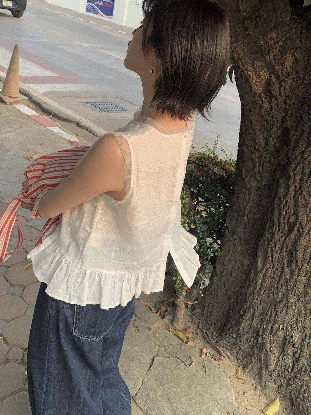 Miroment Breathable Linen Polka Dot Commuter Loose Fit Crew Neck Racerback Tank Tops