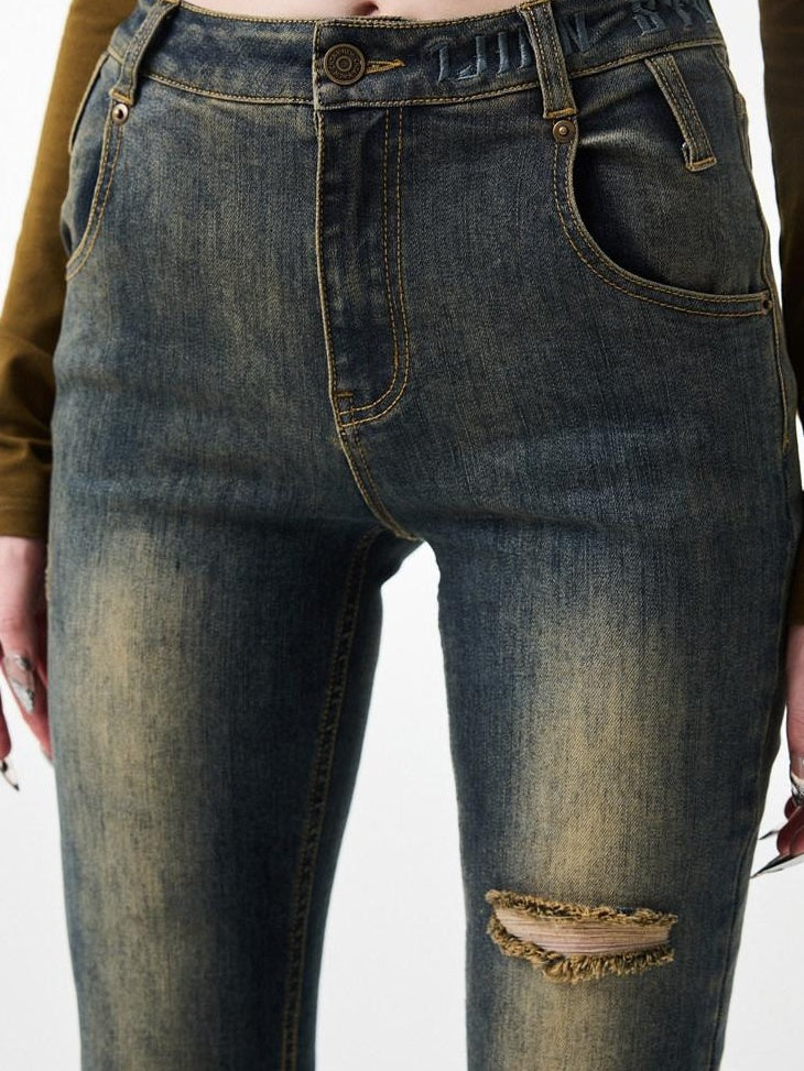 1JINN STUDIO Vintage Faded Thick Denim Slim Natural Waist Women Straight Leg Jeans