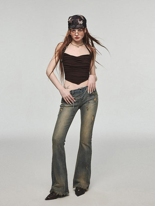 1JINN STUDIO Vintage Distressed Low Rise Slight Flare Blue Women Stretch Straight Leg Jeans