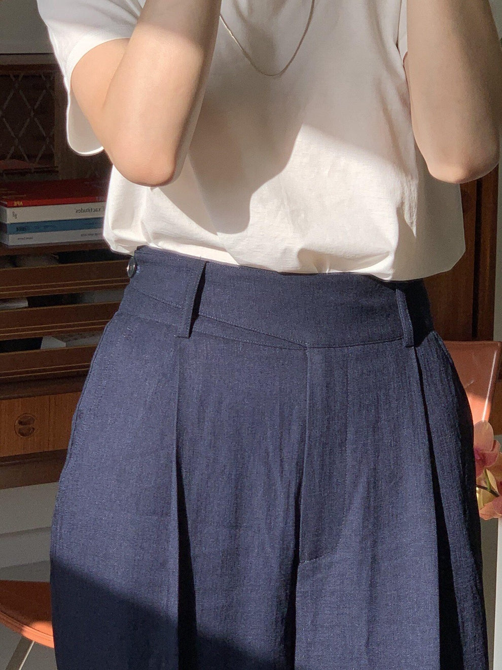 Miroment Uv Protection Silky Acetate High Waist Wide Leg Women Navy Casual Pants