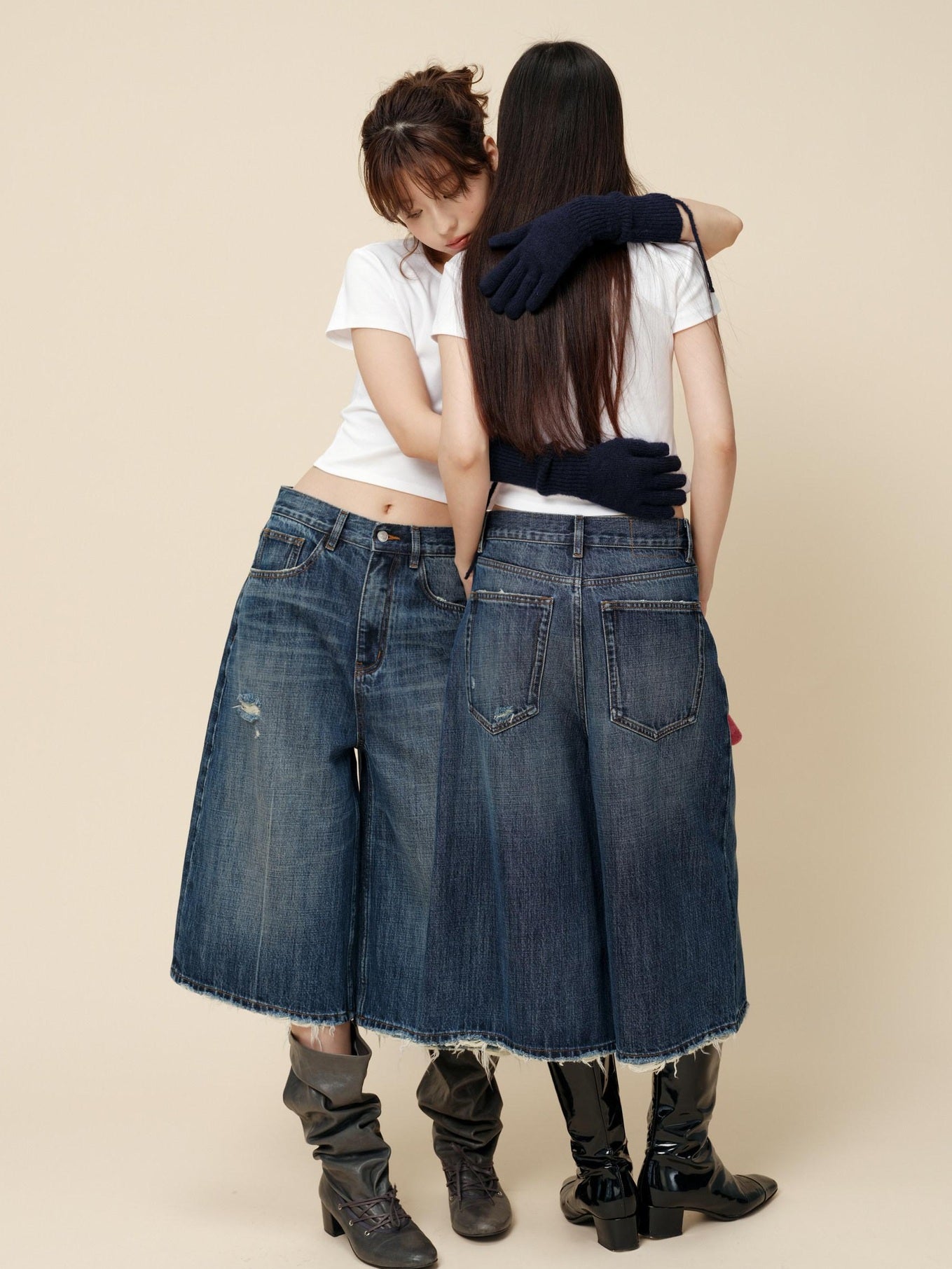 Miroment High Waist Button Fly Minimal Straight Ripped Women Cotton Cropped Jeans