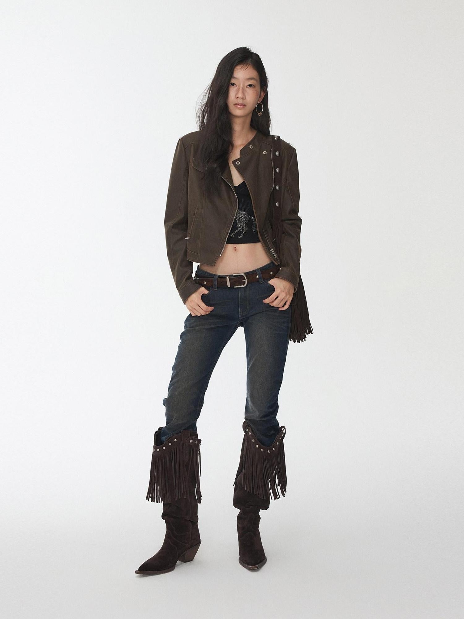 1JINN STUDIO Slim Pu Faux Leather Cropped Zipper Casual Women Washed Colors Leather Jackets