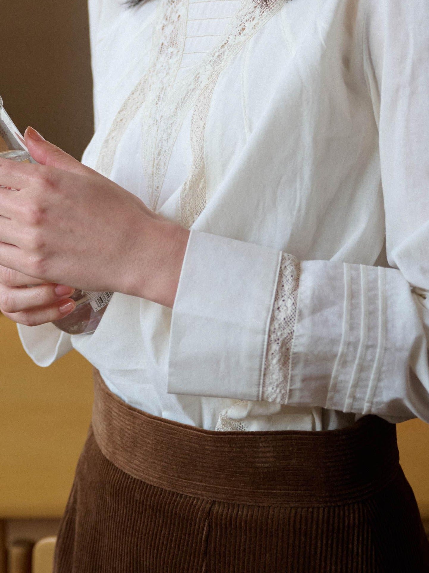 Miroment Soft Breathable Cotton Vintage Slim Puff Sleeve Women Rose Undyed White Shirt