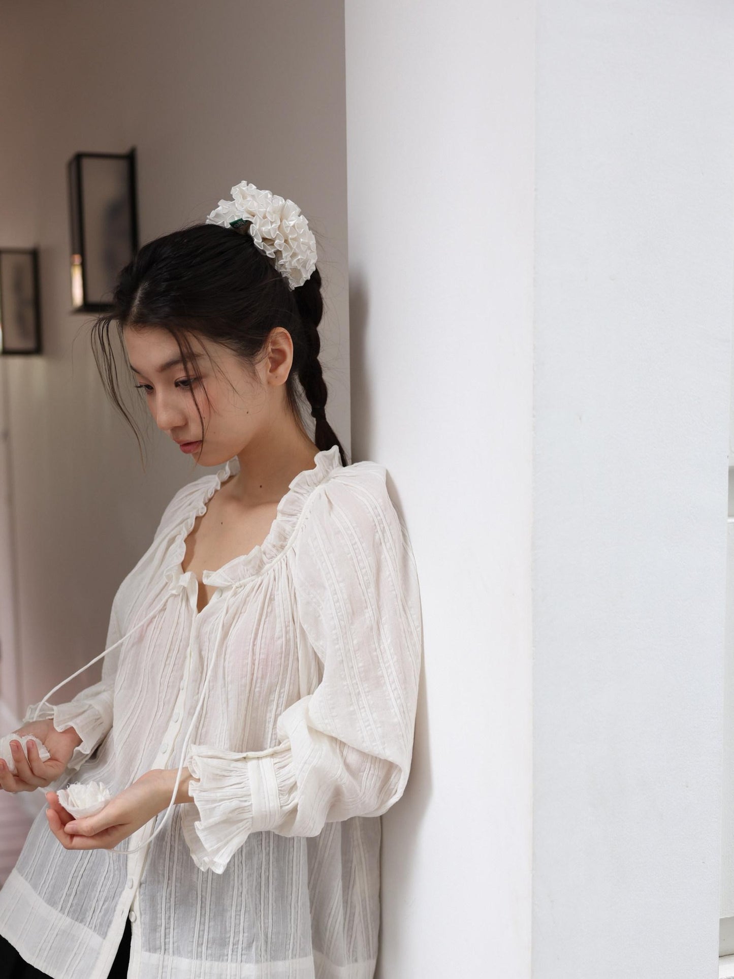 Miroment Breathable Romantic Loose V-neck Balloon Sleeves Women Cotton White Shirt