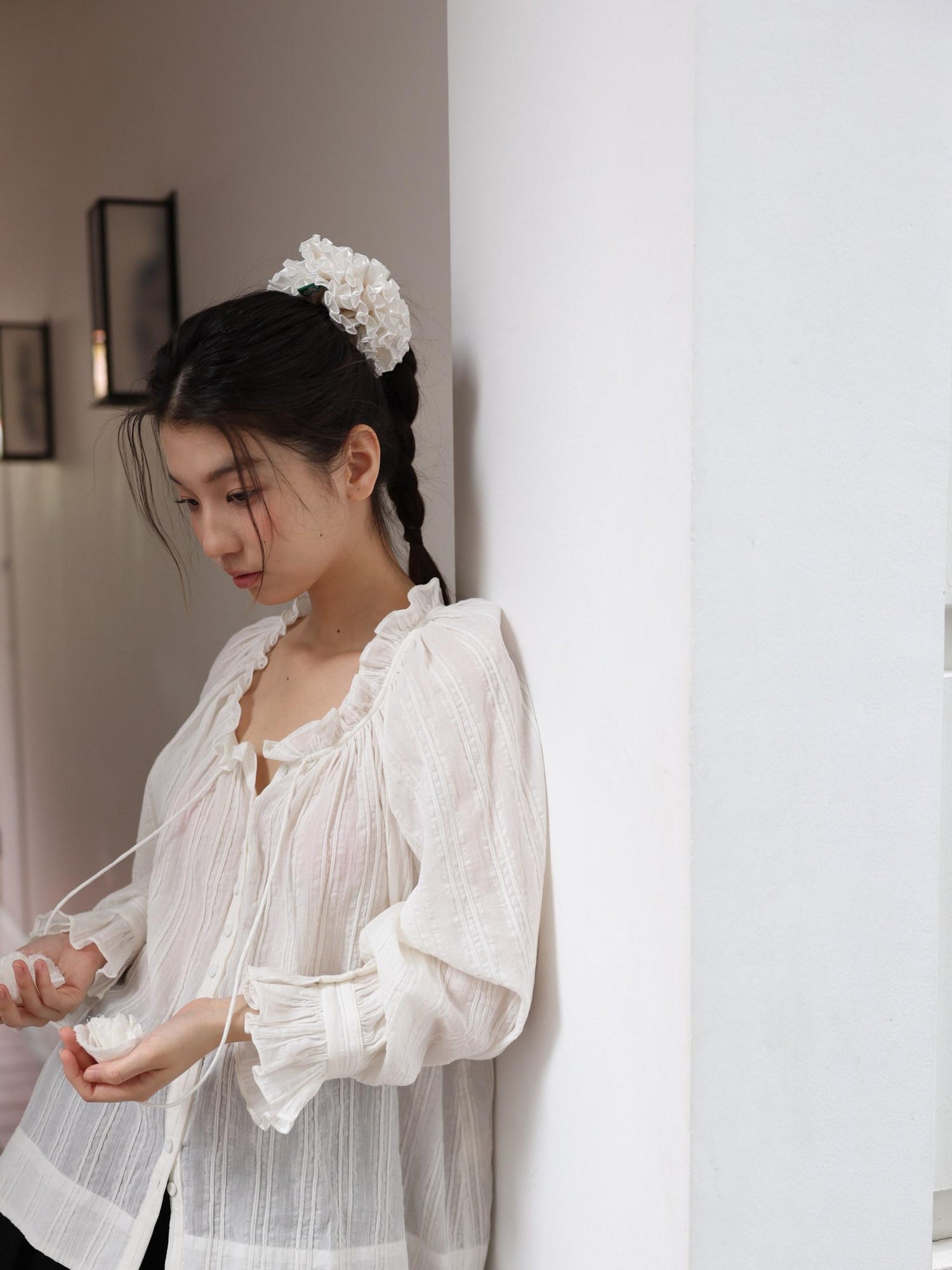 Miroment Breathable Romantic Loose V-neck Balloon Sleeves Women Cotton White Shirt