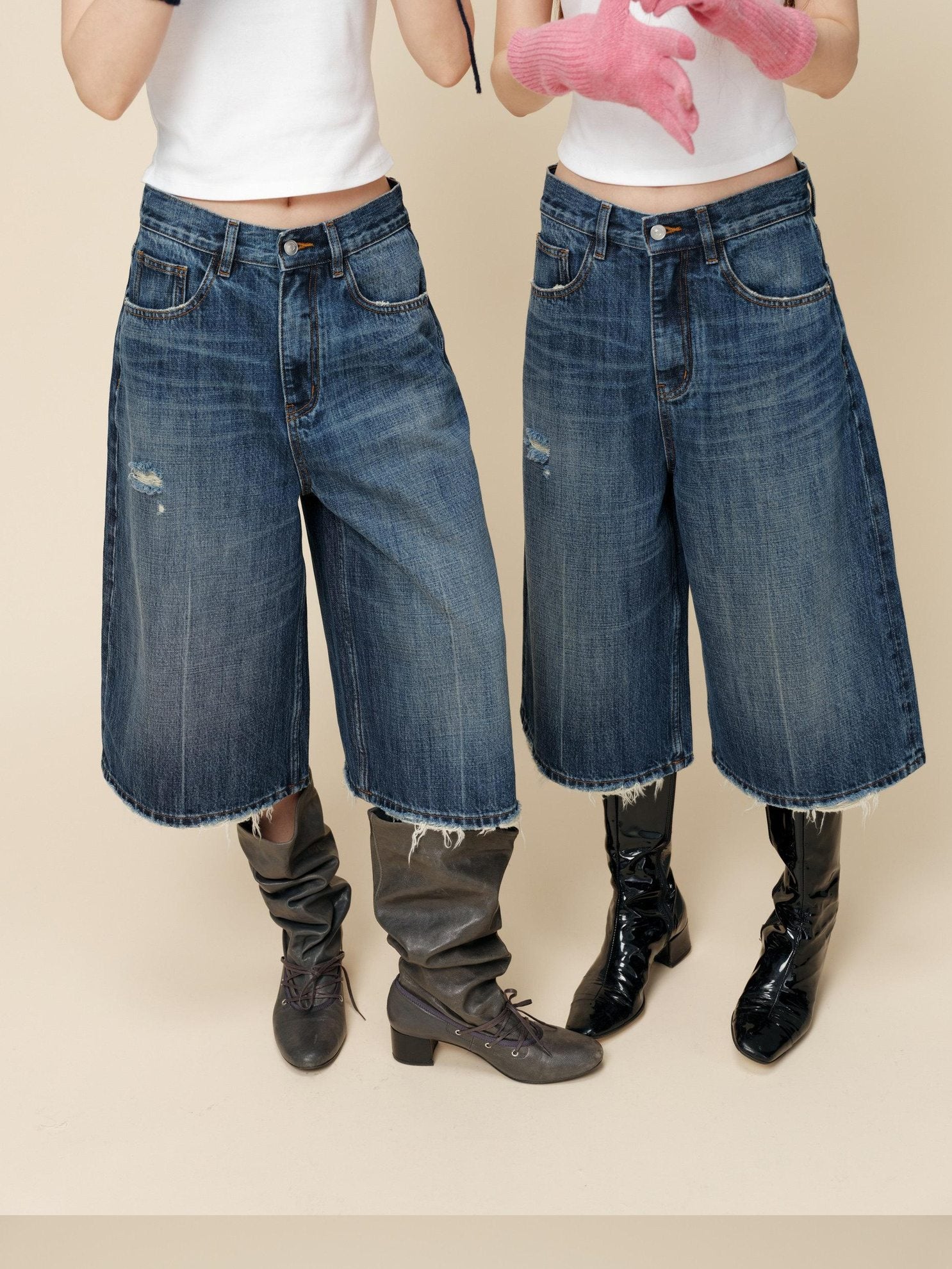 Miroment High Waist Button Fly Minimal Straight Ripped Women Cotton Cropped Jeans