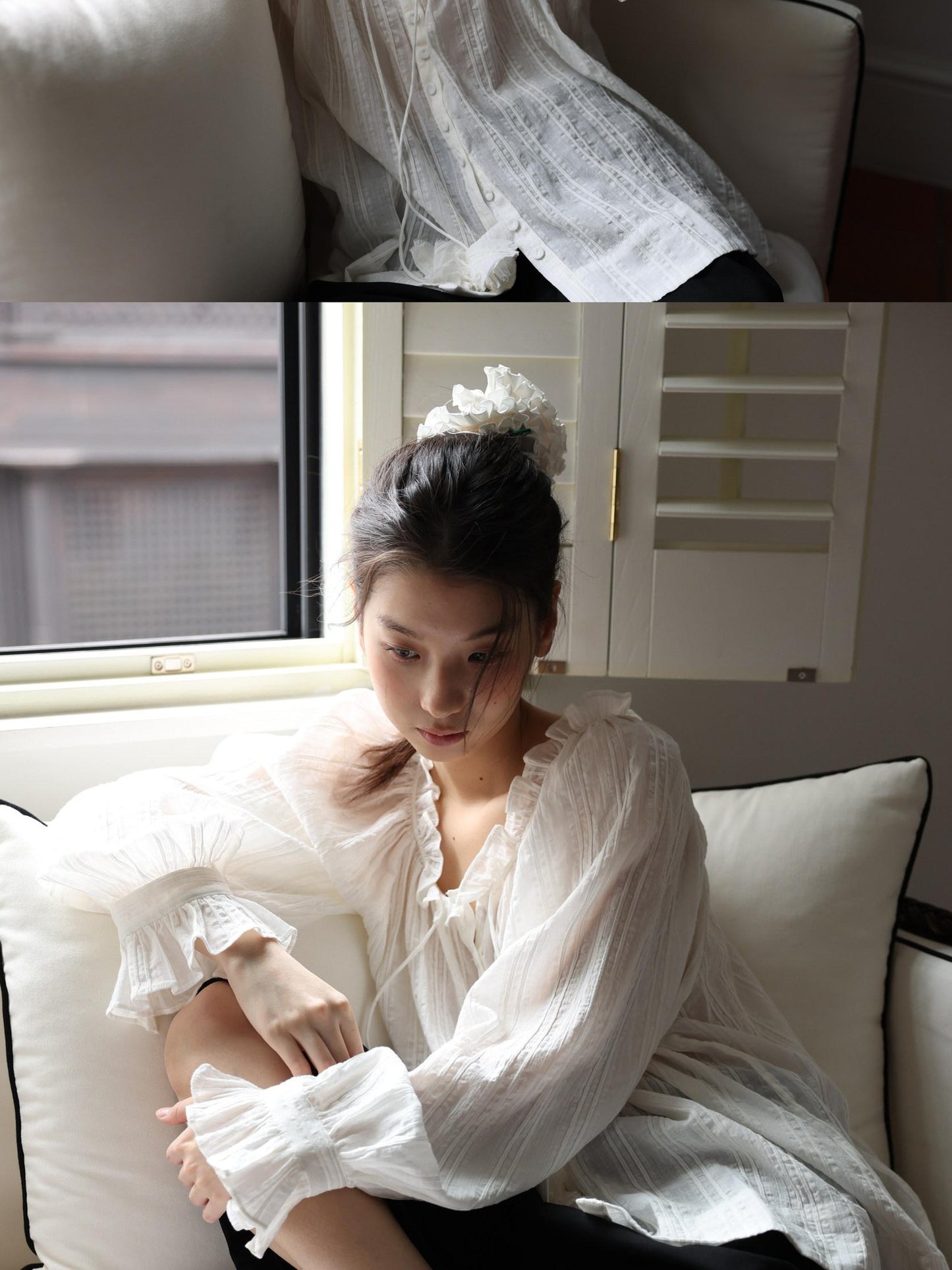 Breathable Romantic Loose V-neck Balloon Sleeves Women Cotton White Shirt