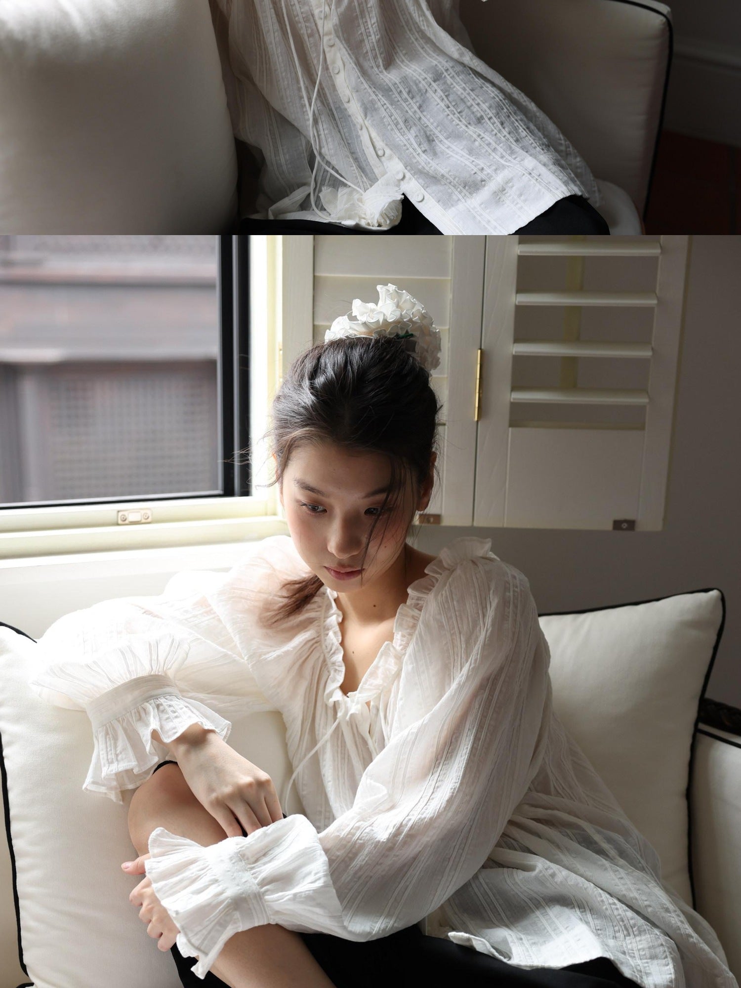 Miroment Breathable Romantic Loose V-neck Balloon Sleeves Women Cotton White Shirt