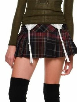 1JINN STUDIO Pleated Knit Low Waist Tie Detail Casual A Line Young Women Plaid Mini Skirts