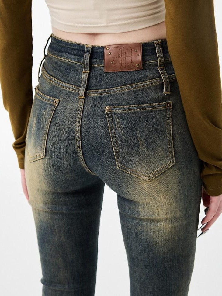 1JINN STUDIO Vintage Faded Thick Denim Slim Natural Waist Women Straight Leg Jeans