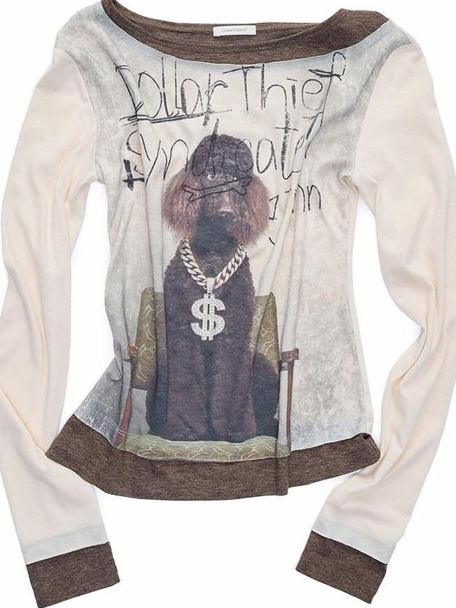 1JINN STUDIO Soft Stretch Knit British Slim Fit Boat Neck Letter Print Long Sleeve T-Shirts