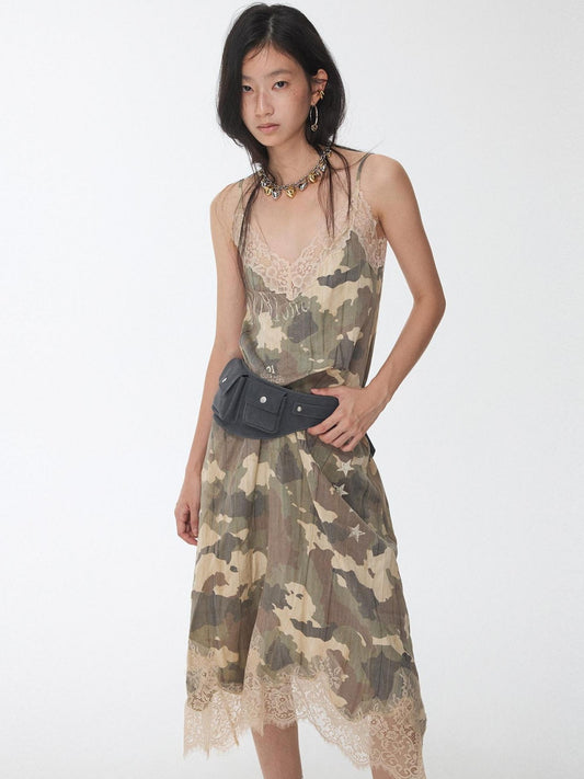1JINN STUDIO Lyocell Linen Printed V-neck Strappy O Shape Casual Women Camo Maxi Dresses