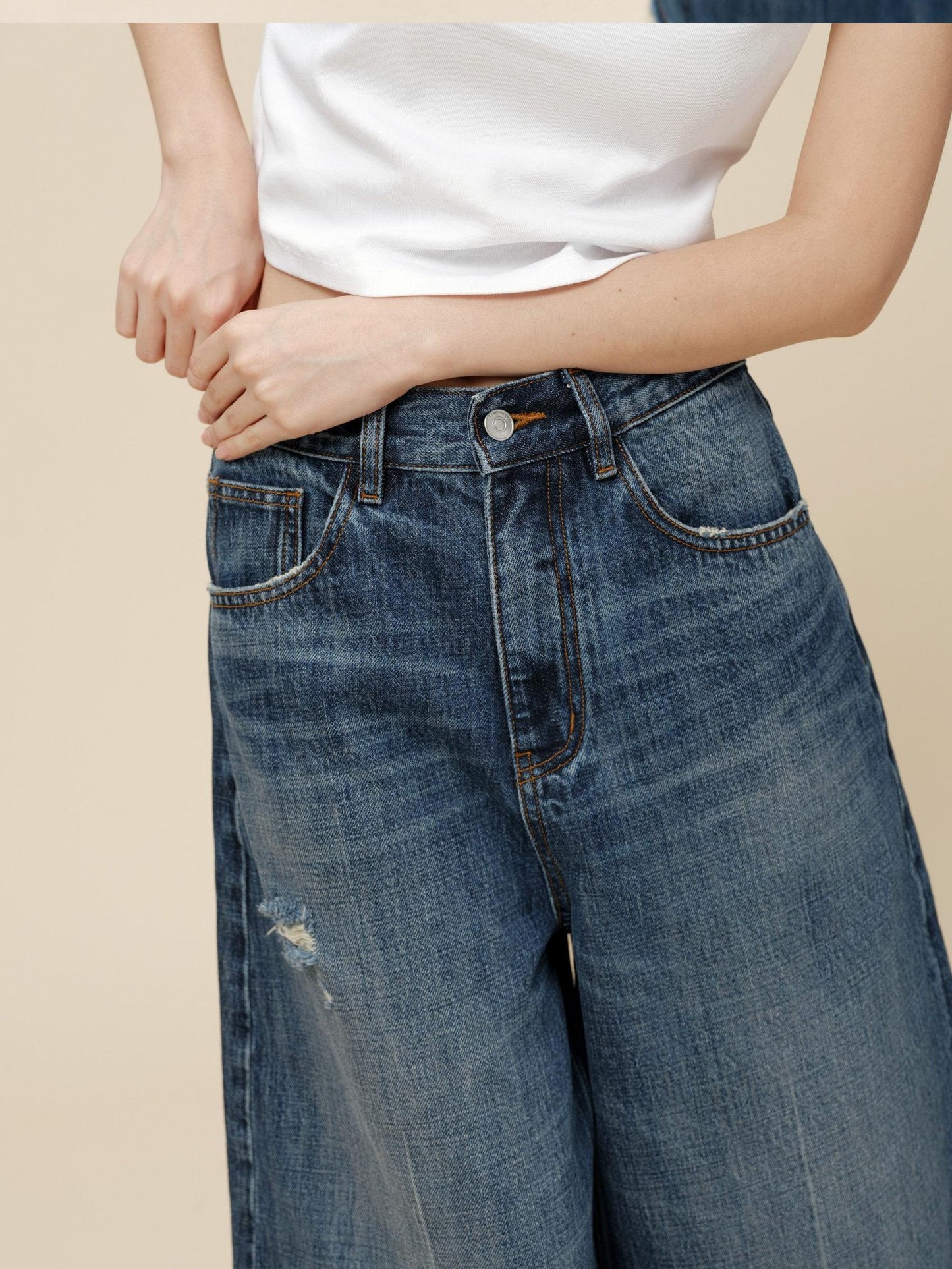 Miroment High Waist Button Fly Minimal Straight Ripped Women Cotton Cropped Jeans