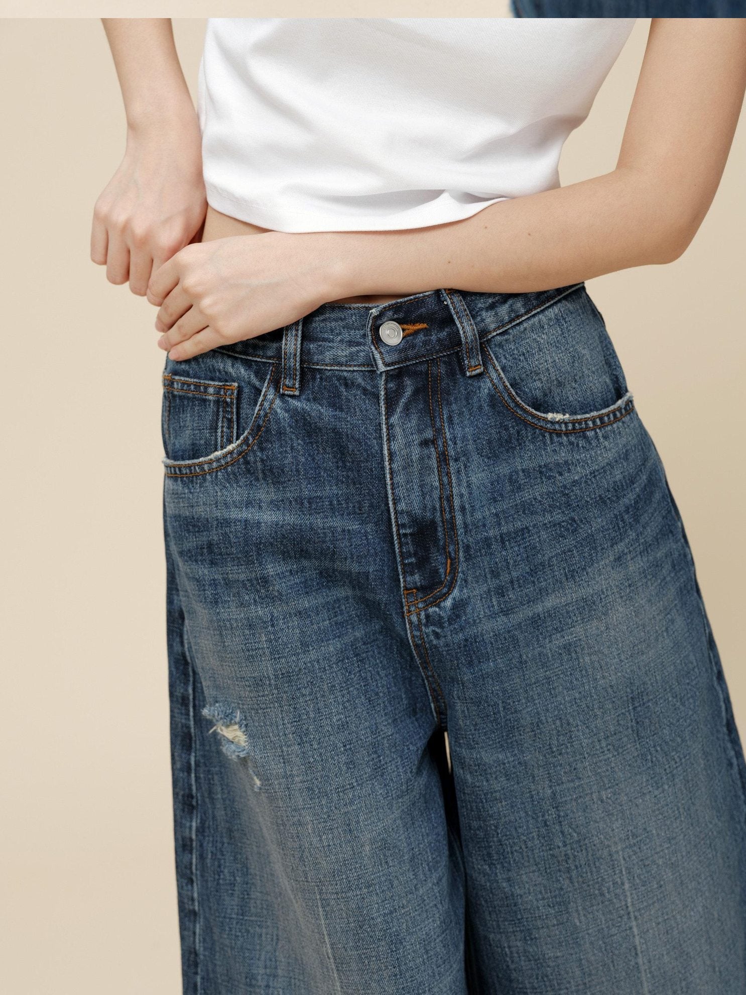 Miroment High Waist Button Fly Minimal Straight Ripped Women Cotton Cropped Jeans