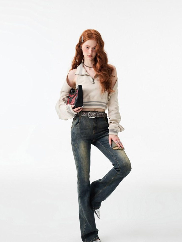 1JINN STUDIO Vintage Faded Thick Denim Slim Natural Waist Women Straight Leg Jeans