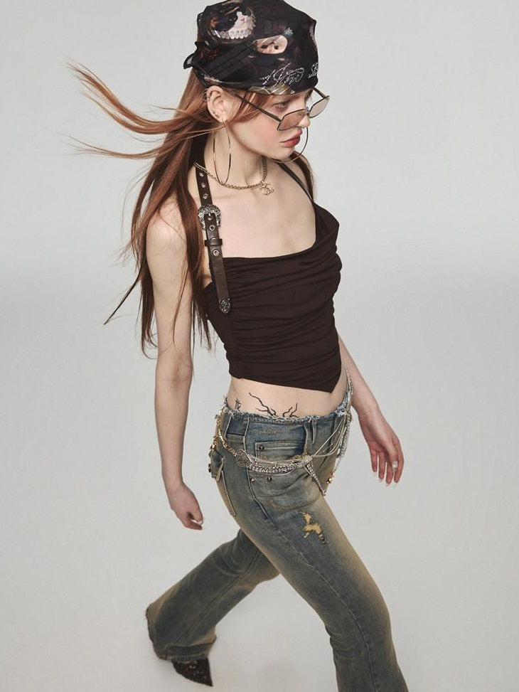 1JINN STUDIO Vintage Distressed Low Rise Slight Flare Blue Women Stretch Straight Leg Jeans